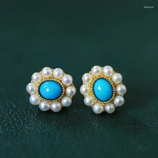 Серьги JHY2024 Real 18K Rose Gold Natural Turquoise and Pearls Gemstone Suds для женщин