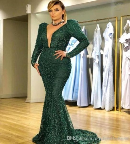 ZUHAIR MURAD 2019 KOYU YEŞİL BEAMLAR İnciler Denizkızı Akşam Elbiseleri Derin V Boyun Balo Elbisesi Uzun Kollu Artı Boyutu Resmi Part9753813