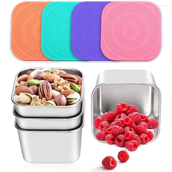 Bottiglie di stoccaggio 4 pezzi Contenitori di snack in acciaio inossidabile per bambini Metal Food IMPLEGABILE Mini Lunch Box Daycare Travel Travel condimento 6oz 6oz