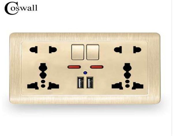 Società di alimentazione a parete Coswall Double Universal 5 fori Switch Outlet 21A Dual Caricatore USB LED Indicatore LED 146mm86mm Gold 1102508160691