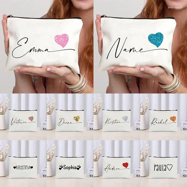 Stume di stoccaggio Nome cuore carino Borsa per trucco personalizzato regalo damigella d'onore organizzatore cosmetico organizzatore di tela eco di tela da bagno ladies