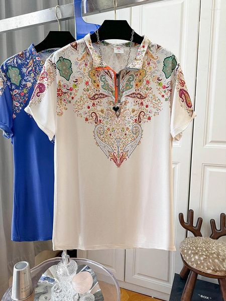 Kadın Tişörtleri Vintage Çin tarzı yüksek dereceli yarı-boyun fermuar kısa kollu gömlek 2024 küçük moda y2k üst