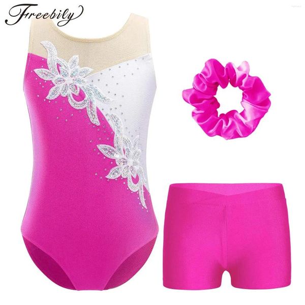 STEGN WEAR WEAR GIRS GIRLS BALLET DANCE GYMNÁSTICA CONJUNTO DE LELA PAGAMENTO DE PATING YOGA ACROBATICS Fantasem sem mangas com shorts bandos de cabelo