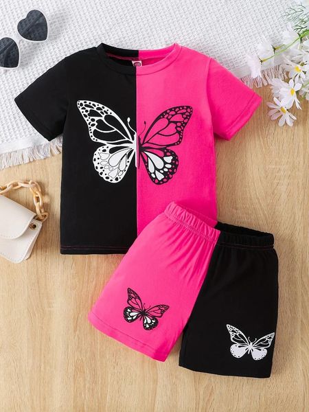 Kleidungsstücke Girl's Colour Clash 2PCS T-Shirt Shorts Set Cartoon Schmetterlingsdruck Kurzarm Top Casual Outfits Kinderkleidung für den Sommer