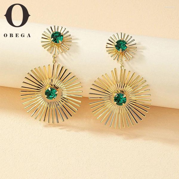 Brincos de bronzeamento Obega Green Stone Big Metal Earring Post for Women Color Gold Color Vintage Geral Declaração Drop Style