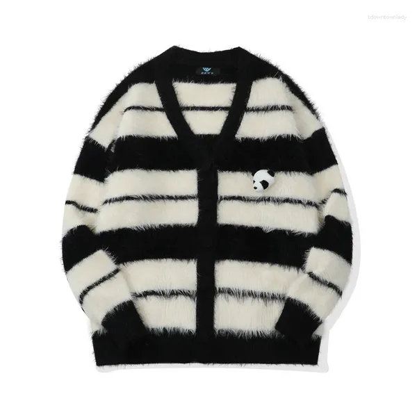 Damen Strick Panda gestreifter loser Pullover Frauen Frühling Herbst V-Ausschnitt Single Breasted Long Sleeves Cardigans süße schöne Strickwege