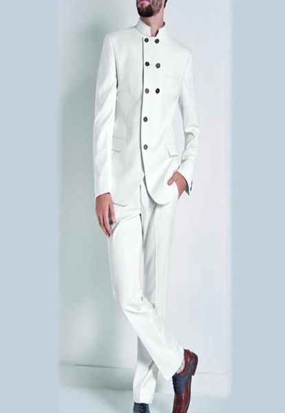 Weiße indische Männer Anzüge für Hochzeitsbräutigam tragen doppelte Baceed zweiteilige Trimmfit Groomsmen Tuxedos Jackethose2747806