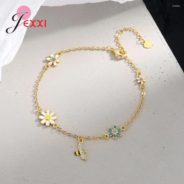 Charm Bilezikler 925 STERLING Gümüş Sevimli Bal arısı Çiçek Rhinestone Bilezik Kadınlar için Kız Arkadaş Hediyesi