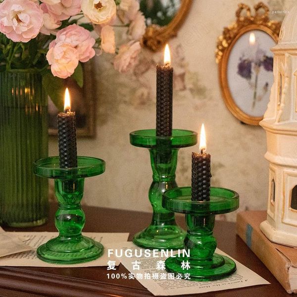 Titulares de vela Green Glass Candelabra Coreano Mesa de jantar Vintage Titular vertical Decoração Europeia Decoração de casamento Centerpieces
