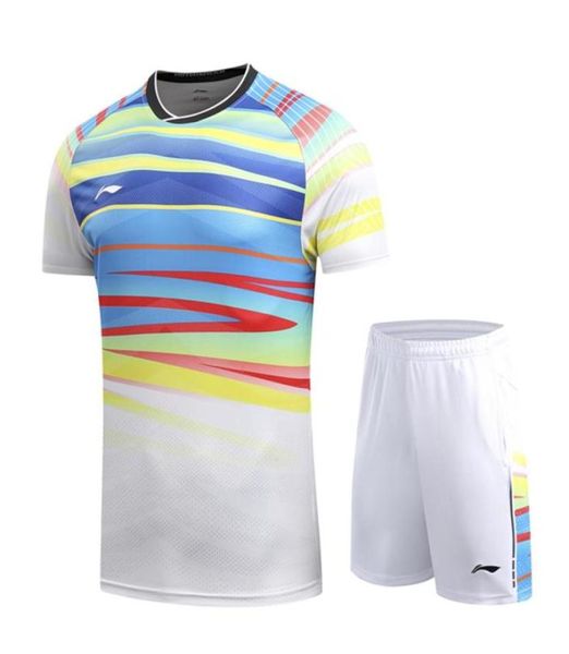 Li Ning Badminton Table Tennis Mens039S и Женщины 039S одежда с коротким рукавом футболка MEN039S Теннисная ткань Шорты QUIC9586455