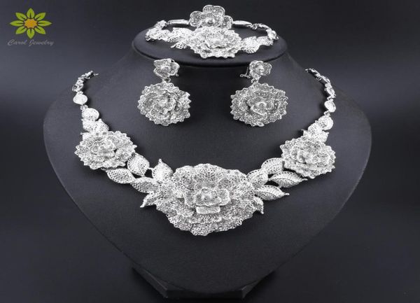 Exquisito Dubai Silver Color Jewelry Sets Nigerian Wedding Women Accessori Gioielli set per perle africane COSTUTTO Gioielli set4075904