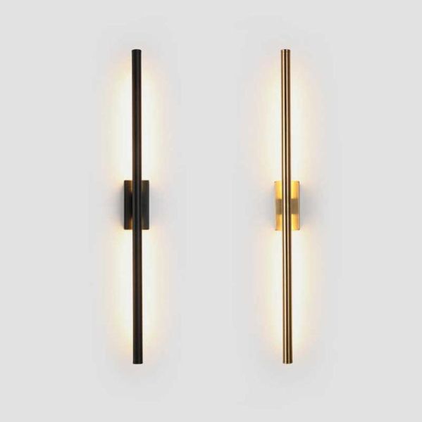 Moderno semplice lampada da parete a led del tubo lineare su sfondo di fronte a parete a parete al letto coyer corridoio nero sconce a led oro 218660343