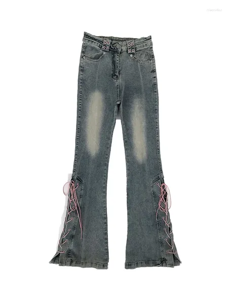 Jeans femminile americano retrò y2k bagliore alto in vita sottile pantaloni da donna da donna split hem bandage accogliente pantaloni in jeans streetwear