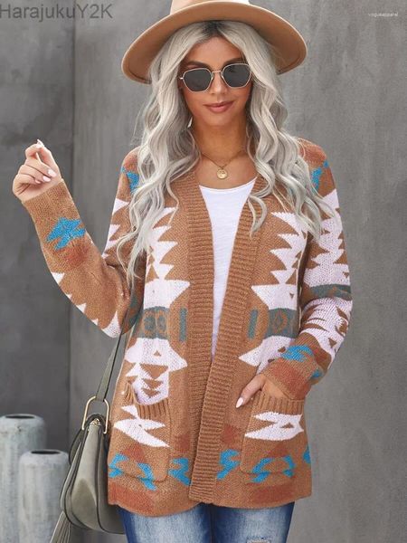 Женские трикотаж 2024 Women Vintage Boho Aztec Cardigan с длинными рукава