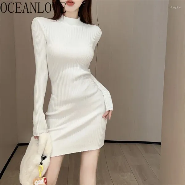 Lässige Kleider Oceanlove Stricken Vestidos Para Mujer Solid halb hohe Kragen Herbst Winter Frauen Süßigkeiten Farbe Korean Fashion Mini Kleid