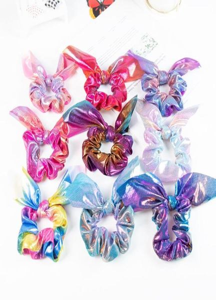 Arco -íris de cabelos de orelha de coelho Ticador de cabelo arco -Íris Ticador de tinta Glitter Glitter elástico Bandas de cabelo Mulheres Ponytail Helder Girls Scrunchies Acessor7425232