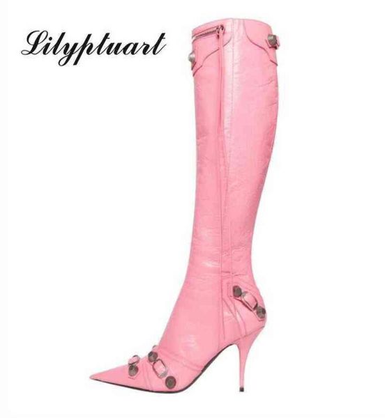 Женские ботинки заостренные носки металлическая пряжка на молнии колена женская шпилька с высоким каблуком черный роскошный дизайн женщин 039s обувь размер 41216606