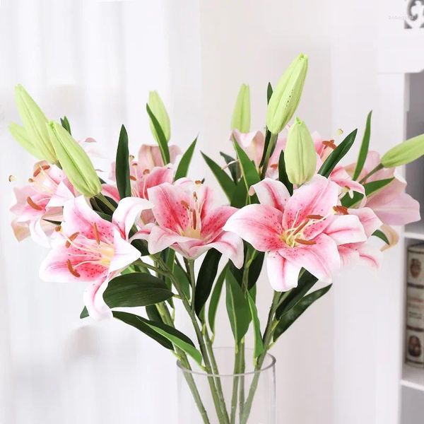 Flores decorativas 2 Cabeça grande e 1 Bud Fake Pink Lily Artificial para decoração de casamento em casa Indoor