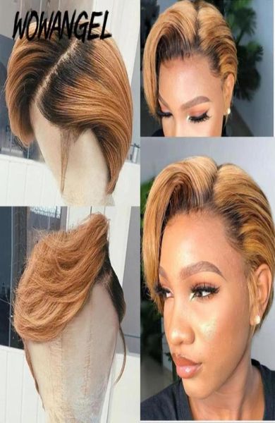 Wowangel pixie kesilmiş kısa peruklar 44 dantel kapatma insan saç perukları yan parça pixie ombre renkli 180 yoğunluk Brezilya Remy Hair20507603643379
