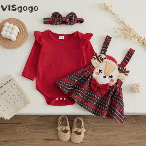 Giyim Setleri Visgogo 3pcs Bebek Kız Giysileri Noel Kıyafet Fırıltı Uzun Kollu Romper Karikatür Elk Nakış Ekose A-line Etek Kafa Bandı