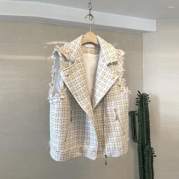 Coletes femininos casuais solto lapela tweed tweed casaco mangas mulheres moda moda motocicleta de moto zíper branco petroleiro pequeno colete feminino