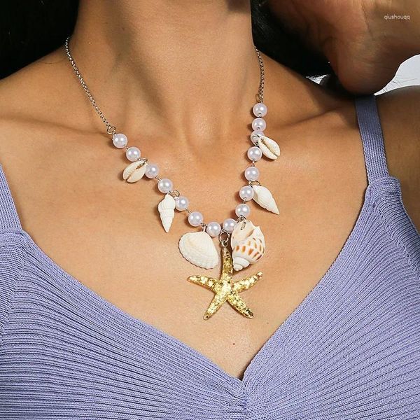 Anhänger Halskette Bohemian Beach Imitation Perle Seestarfish Halskette für Frauen Mädchen Conch Shell Perle Hals