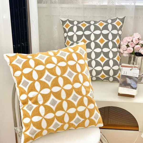 Подушка для подушки для дивана геометрическая вышиваемая корпус 45x45 см серо -желтый синий зигзаг в квадрате дома