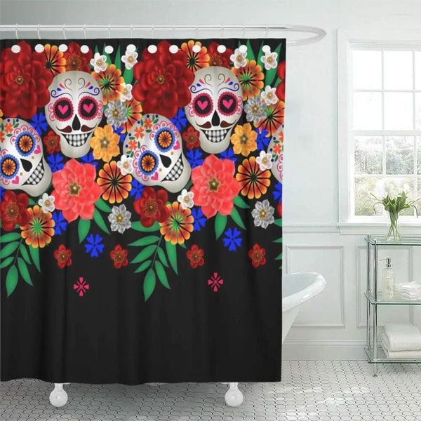 Tende da doccia casa decorazione cartolina del bordo colorato calavera con teschi di zucchero e fiori di celebrazione cultura carina