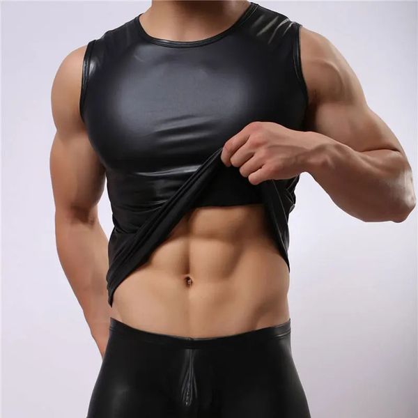 Männer Tanktops Kunstleder schwarz ärmellose Weste sexy Herren Shaper Body Club tragen schwule coole Mannhemden 240415