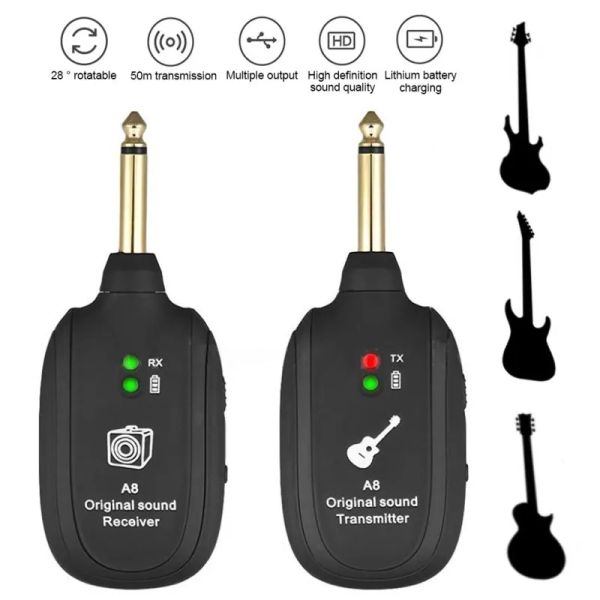 Cavi UHF Ricevitore del trasmettitore di sistema wireless per chitarra batteria incorporata Max 50m Gamma di trasmissione audio originale per il basso di chitarra