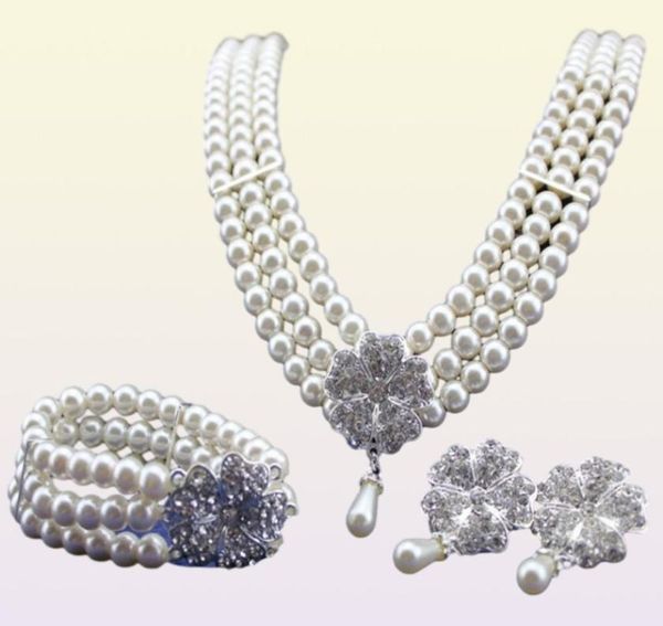 Rhodium Silberton I.Rorycream Pearl Bridal Schmuck Set Hochzeit Halskette Armband und Ohrringe Sets2636393