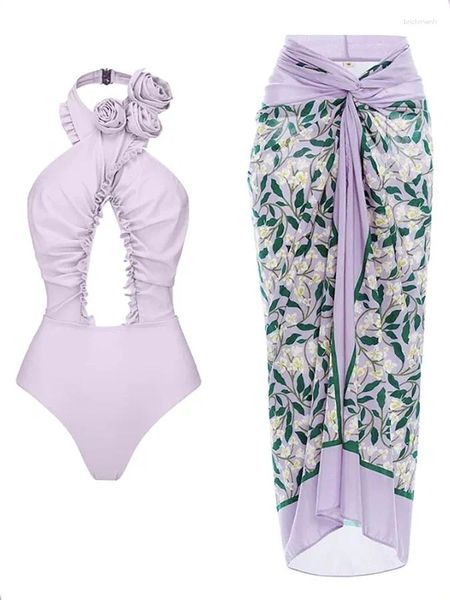 Costumi da bagno femminile Halter Viola Halter Neck Swimsuit Swimsuit Calt Caltuo da spiaggia da spiaggia Donne Micro Bikini Mujer Beach Outfits Cover 2024