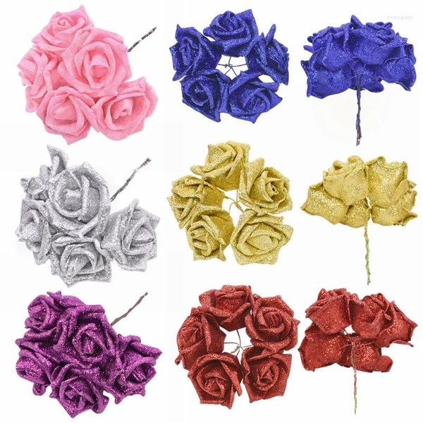 Flores decorativas 10pcs 5,5cm Glitter Foam Rose Artificial Artificial Bouquet Party Decoration Home Wreath Wreath Craft Fake Flower Supplie