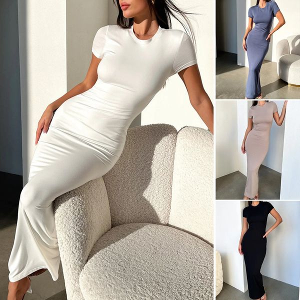 Vestido de Lady Base de escritório Branco Solid Solid Tight Profitting Slim Long Up Short Sleeve Spring Summer Roup 240415