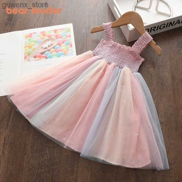 Abiti da ragazza Bear Leader New Kids Dresses for Girls Abito senza maniche COSTUTTO COSTUTTO FAGGIO MESH Summer Abito gonfio arcobaleno per bambini abbigliamento Y240415