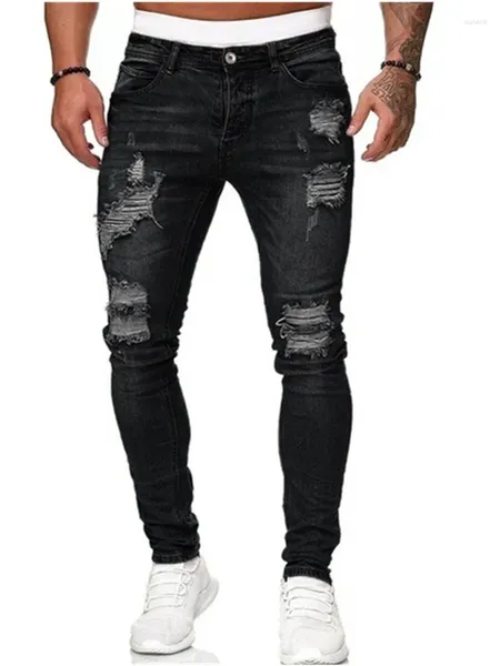 Jeans masculinos Slim casual rasgado microelástico Skinny Pés Hip Hop Tampa de tinta Tampa Tela Ponta de Personalidade Homens Homens