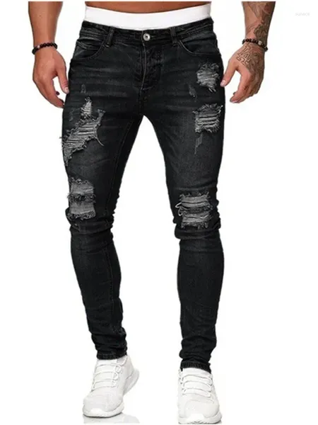 Erkekler Kot Slim Casual Yırtılmış Mikro-Elastik Sıska Ayaklar Hip Hop Stil Boya Kapak Gözyaşları Pantolon Erkekler