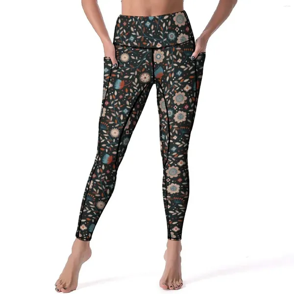 Aktive Hosen Nordische Blumen Yoga Blumendruck Fitness Leggings hoher Taille Dehnbarer Sport lustiger gedruckter Legging Geschenk