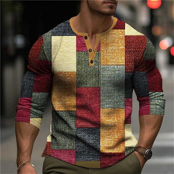 Herren-T-Shirts Herbst Colored Block Aufkleber 3D-Druck Henry Shirt Herren Mode Retro Knopf Langarmed T-Shirt Herren T-Shirt YQ240415