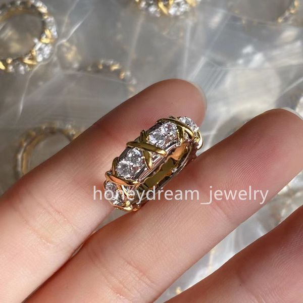T anel separação de cor cruzada de cor de cor personalizada de cor de fábrica de prata 925 jóias de fábrica de prata 18kt Gold rosa de diamante largo