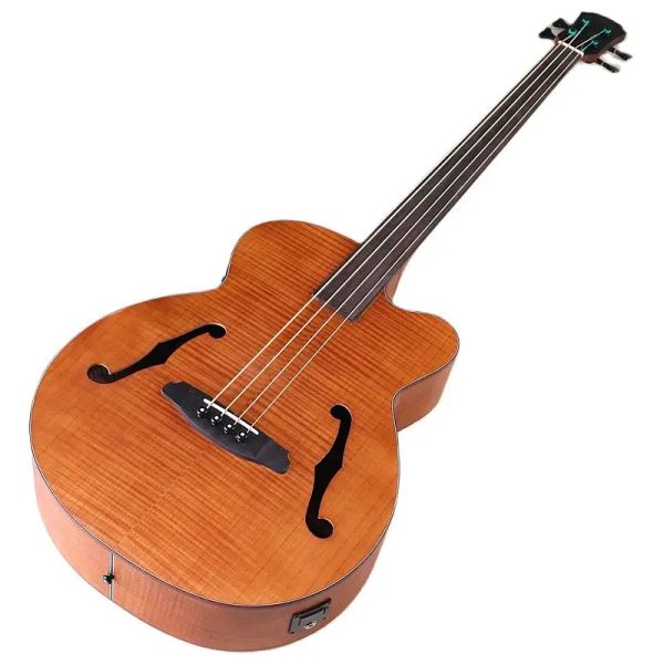 Gitar 43 inç Jumbo Bas Akustik Bas Gitar F Delik Tam Flame Meşe Fretless 4 String Bas Gitar Eşit Elektrikli Akustik Gutiar