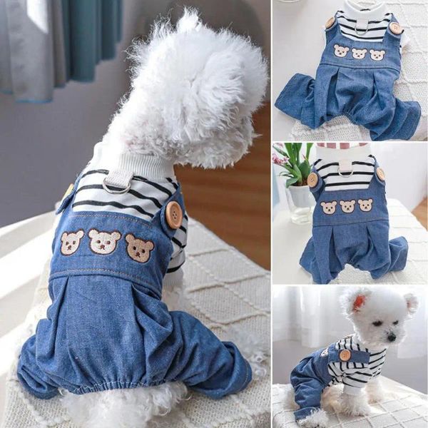 Hundebekleidung hübsches Haustierbodysuit Vierbeiner Cartoon Bärenmuster Katze Denim Jumpsuit entzückende weiche Stramplerzubehör