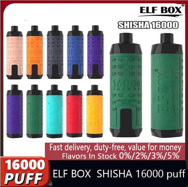 Elf Box Shisha 16000 sbuffi sbuffi 16k a laspe usa eacile display a mesh bobina e sigarette a flusso d'aria pre-riempito 28 ml e-liquido ricaricabile a 600 mAh batteria al fakher