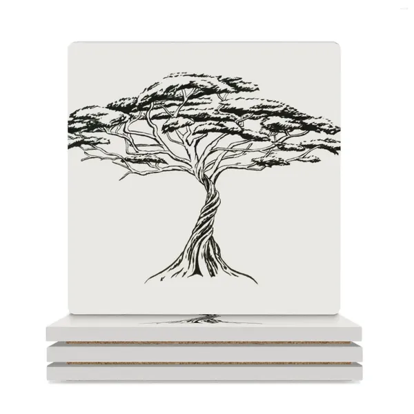 Tapetes de mesa assobiando o espinho zen bonsai africano árvore preto e branco ilustração montanha -russa (quadrado) para ladrilhos