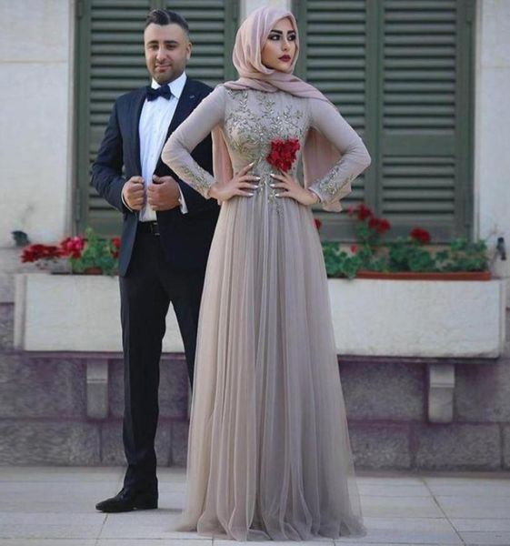 Mangas compridas Vestidos de noite muçulmana prateada colheita de pescoço de cristal de miçanga hijab baile vestidos de baile saudi vestidos de noite 9222060