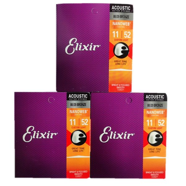 Guitarra 3 sets/ pacote elixir strings de guitarra acústica Nanoweb revestimento 80/20 Bronze Great Tone Long Life Guitar Strings 11002 11027 11052