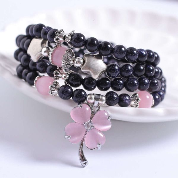 Starry Blue Sand Stone Clover Bracelet Pink Cat's Eye Buddha Bead Casal de artesanato em várias camadas de Acessórios Lucky