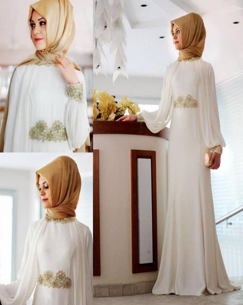 Novo vestido de noite brancos de mangas compridas e pescoço alto com miçania de mijab de mijab vestidos de baile de baile árabe de Dubai