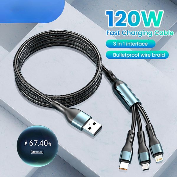 3 in 1 120W schnelles Ladekabel für iPhone 14 13 12 Universal Ladekabel Kordentyp C/Mikro/für Huawei Xiaomi Samsung Galaxy USB-C-Datenkabel 1,2 m/2m