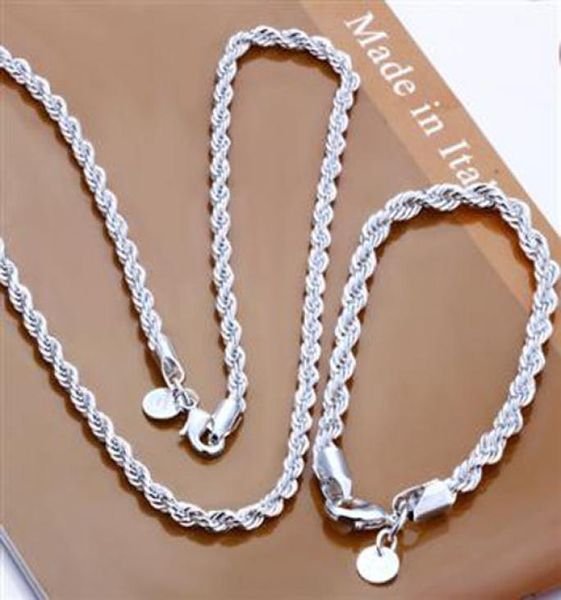 Fashion 925 Sterling Silver Set Solid Rope Chain 4mm Men Collana Bracciale da donna 16Quot24 pollici Link Italia XMAS NUOVO S0514483635